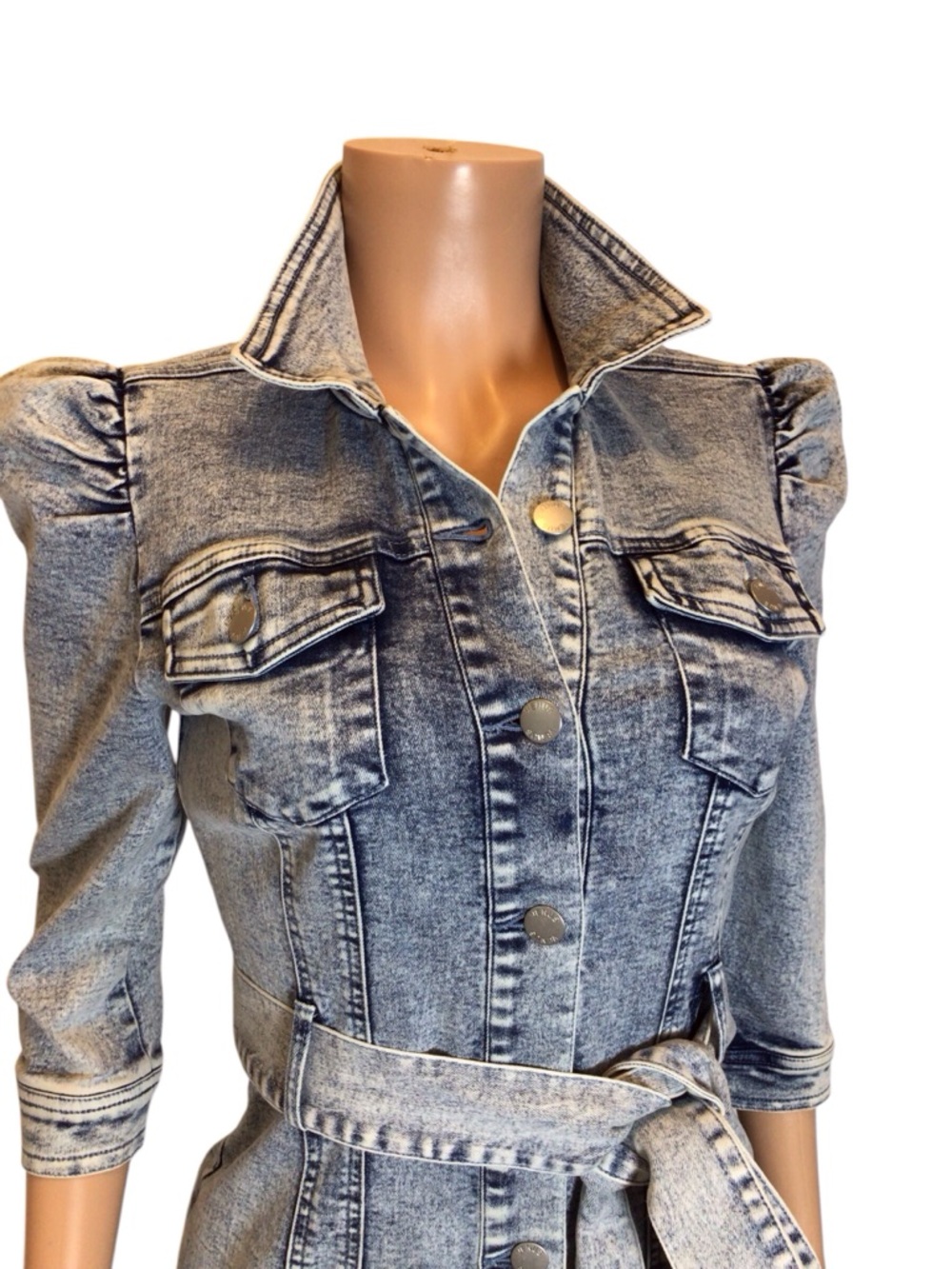 NWOT Venus Denim Midi Dress Sz 6 Puff Sleeve Belted Button Front Stretch - Picture 3 of 12